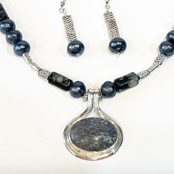 Vintage DENDRITIC AGATE 925 Silver Pendant Necklace Earring Set Parure - Picture 4 of 11